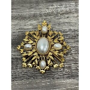 Vintage Gold Tone Faux Pearl‎ Brooch Starburst Crest Design Mid Century